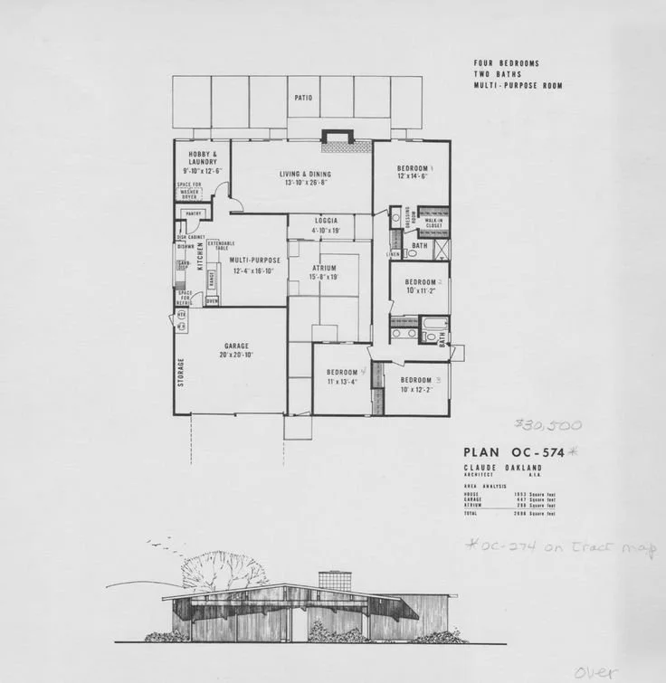 Floor plan of a house with four bedrooms, two bathrooms, a multi-purpose room, living and dining area, patio, loggia, garage, storage, and an exterior elevation view.
