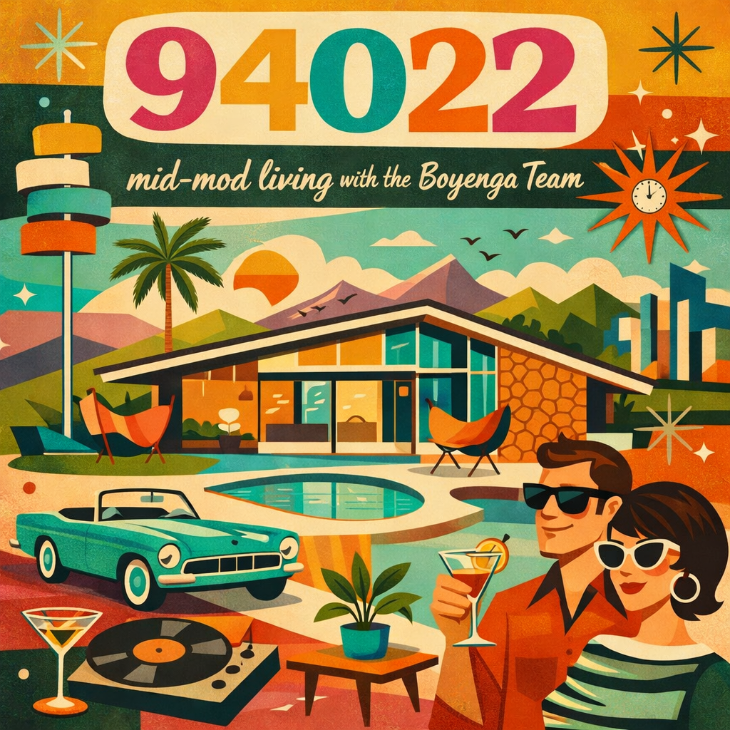 Colorful retro-style illustration featuring a mid-century modern house with a swimming pool, vintage car, palm trees, mountains, and a sunset in the background. Two people are enjoying drinks with sunglasses, and there is a record player and a cocktail glass in the foreground. The text reads '94022 mid-mod living with the Boyenga Team'.