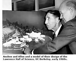 Anshen and Allen discussing a model of their design for the Lawrence Hall of Science at UC Berkeley in the early 1960s, with a landscape model of the building and surrounding area.
