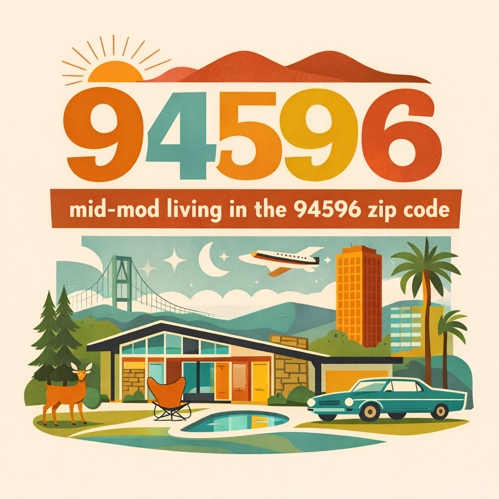 Illustration of a Midwestern new house with a palm tree, deer, swimming pool, car, and cityscape background in the 94596 zip code.