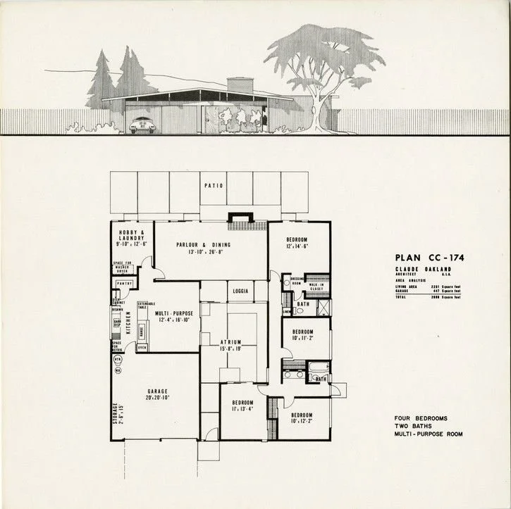 Black and white architectural floor plan of a house with four bedrooms, two bathrooms, a garage, and various living areas. Exterior sketch shows a single-story house with a car parked outside, surrounded by trees and a fence.