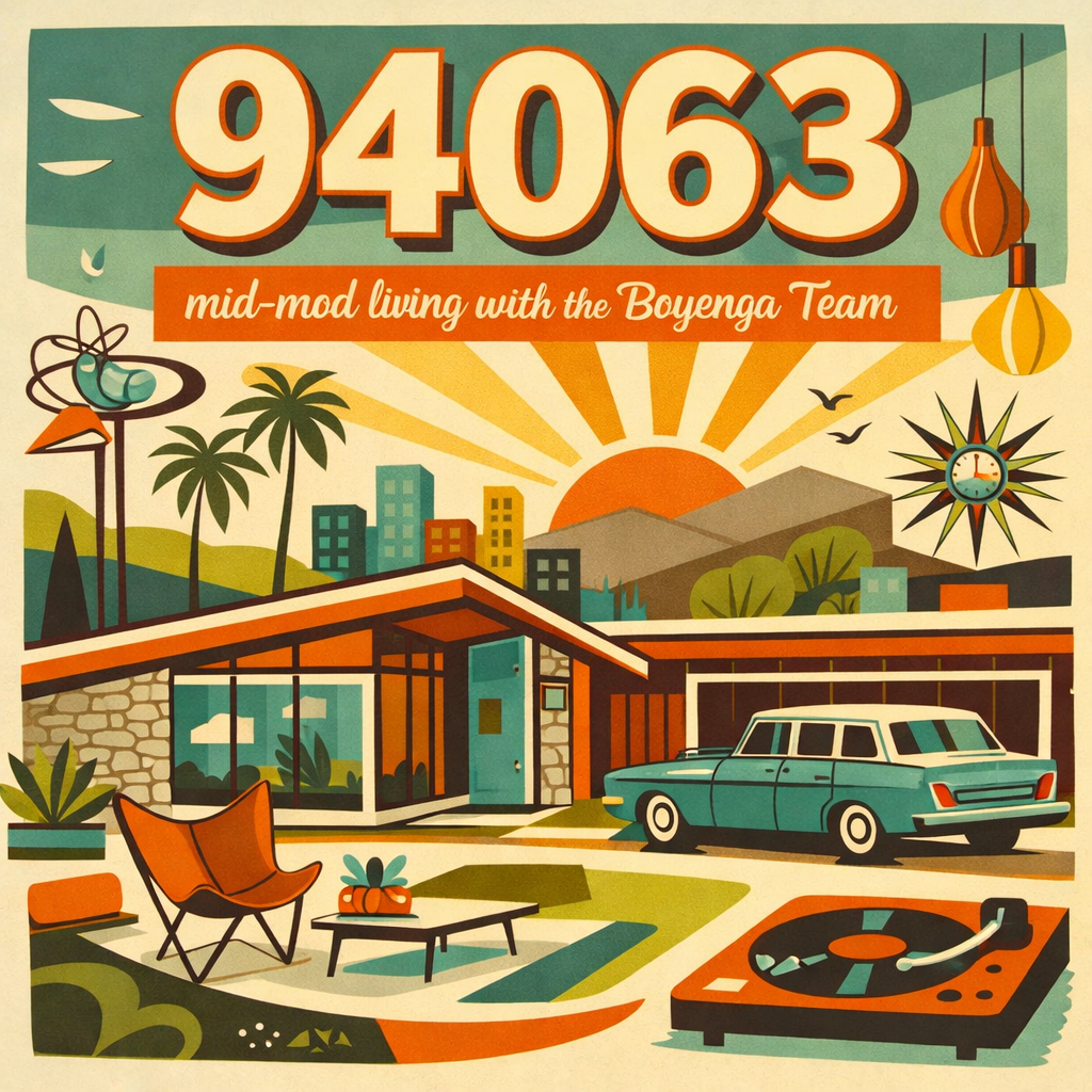 Retro-style illustration of a mid-century modern house with a front yard, parked car, and outdoor seating, sun setting behind mountains, palm trees, and birds in the sky, with a clock and hanging light bulbs in the background, and the text '94063 mid-mod living with the Boyenga Team' at the top.