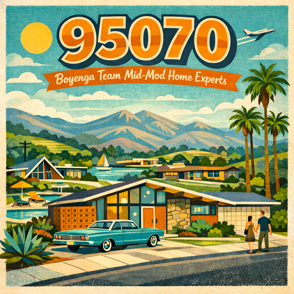 A colorful illustration of a mid-century modern house with a blue car parked in front. A couple walks on the sidewalk, with mountains, palm trees, and a bright sun in the background. The text reads '95070 Boyenga Team Mid-Mod Home Experts'.