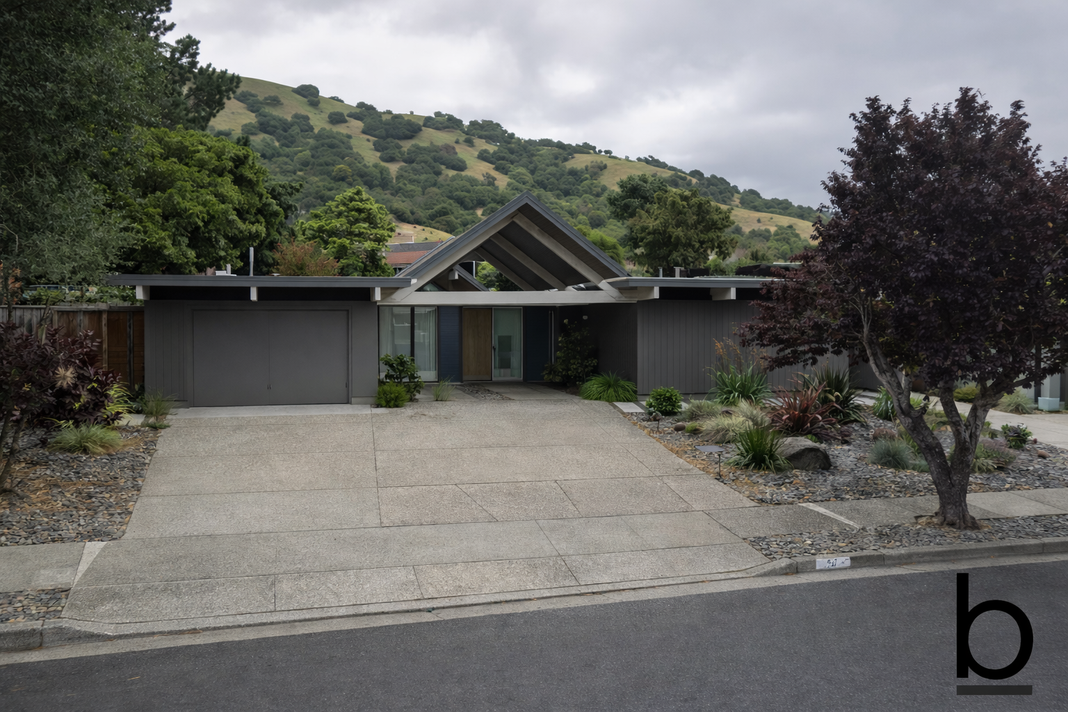 Modern house with a driveway, surrounded by plants and trees, with hills in the background.
