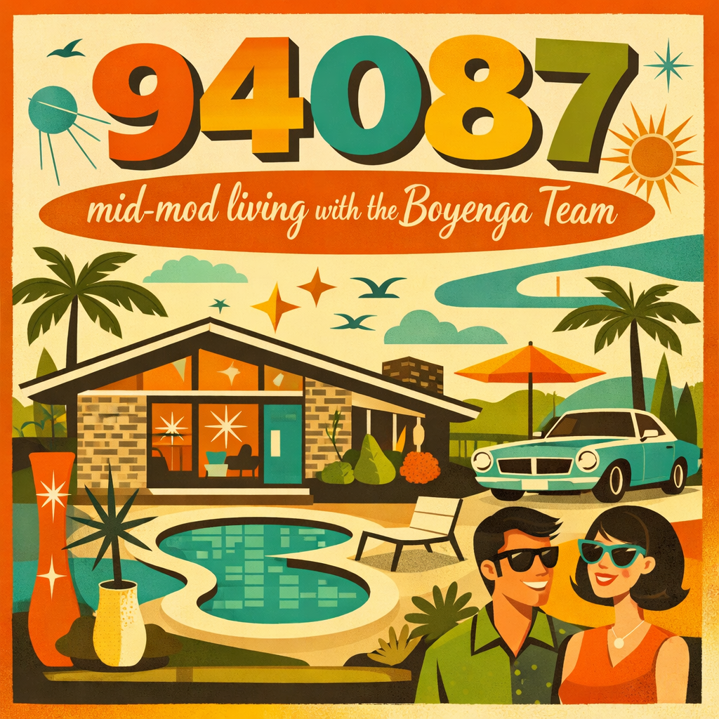 A colorful illustration promoting mid-century modern living with the Boyenga Team, featuring a house with a swimming pool, vintage car, palm trees, and a smiling couple wearing sunglasses.