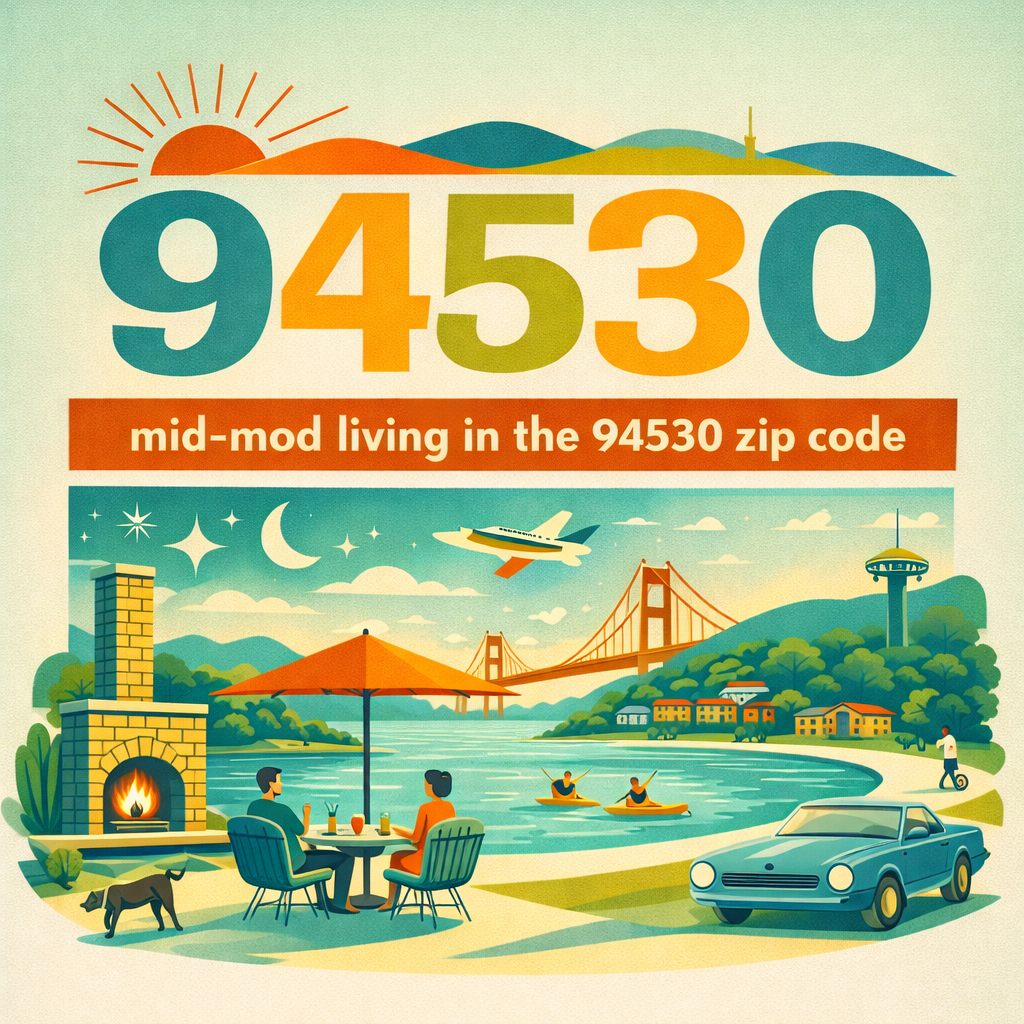 Illustration of a scenic outdoor scene with the number 94530 and text indicating mid-mod living in California. The scene features mountains, a sunset, airplane, and the Golden Gate Bridge in the background. In the foreground, there are two people dining near a fireplace, a dog, a car, and people kayaking on a river, with additional elements such as a bicycle, houses, trees, and a watchtower.