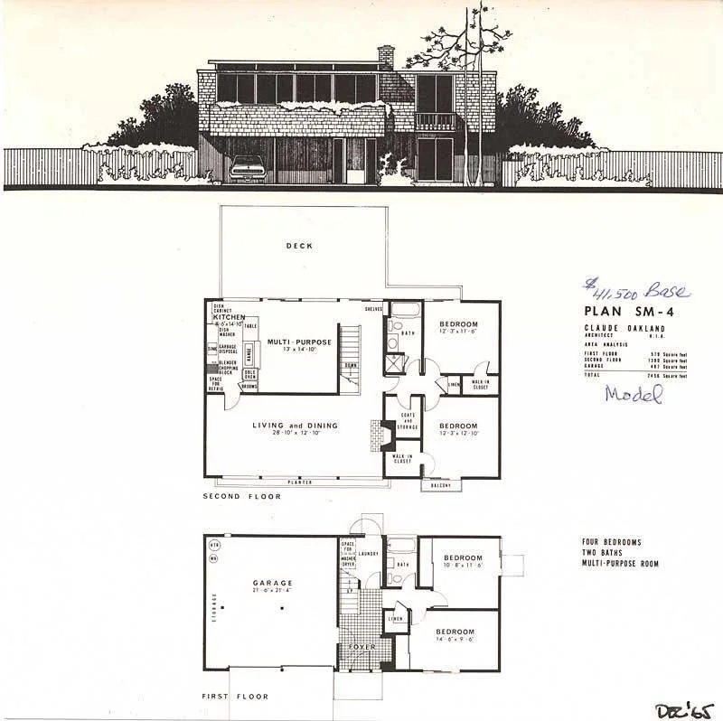 Architectural drawing of a two-story house with a front view showing a car parked in the garage, a deck at the back, and surrounding trees and fencing. The floor plan of the house displays the layout of rooms across the first and second floors, including bedrooms, living and dining areas, kitchen, bathrooms, garage, and outdoor decks.