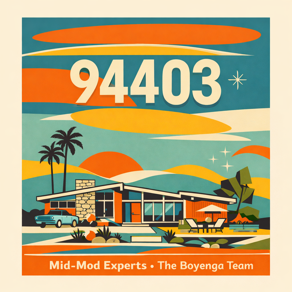 Retro-style illustration of a mid-century modern house with a car, palm trees, and outdoor furniture, set against a colorful sunset sky with the number 94403.