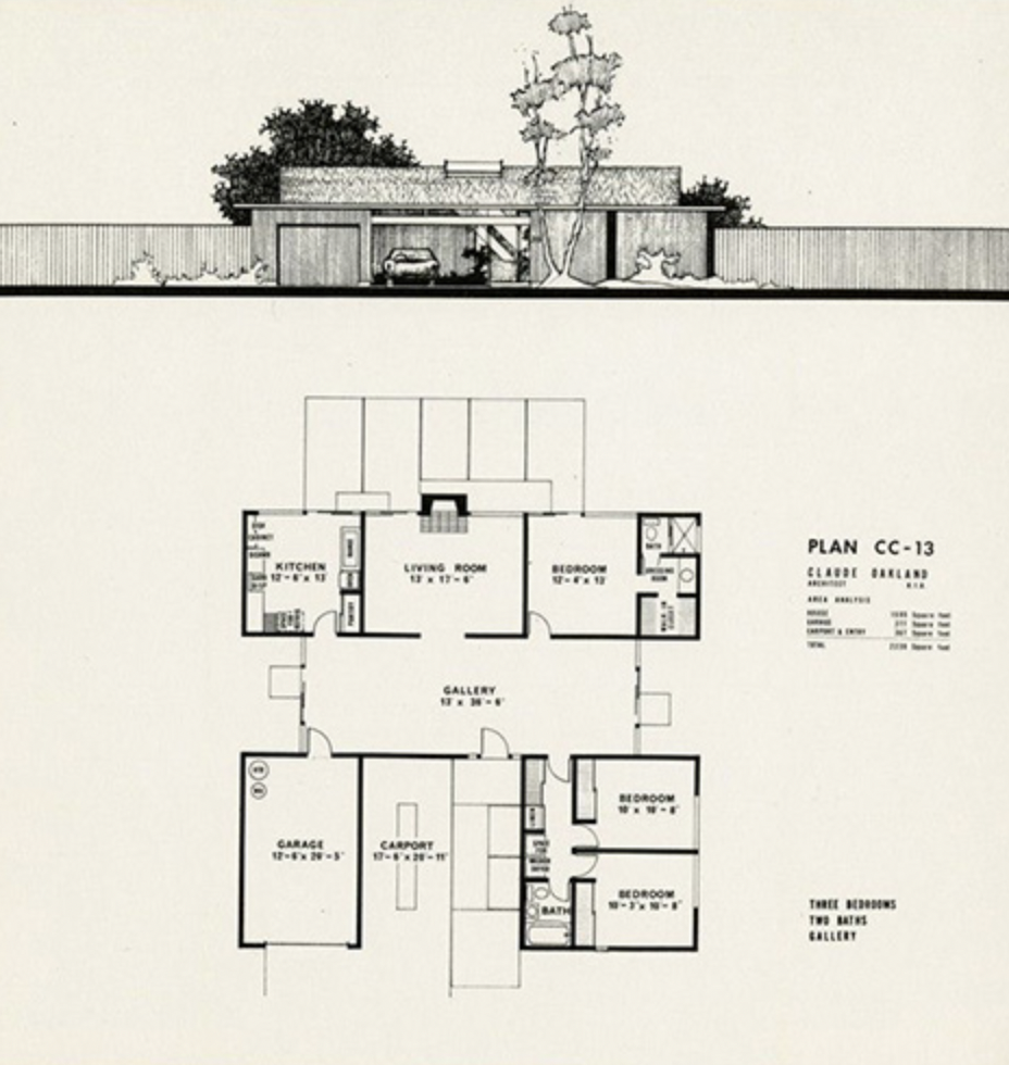 Black and white architectural drawing of a house plan, showing the front exterior with trees and a driveway, and the interior layout including bedrooms, living room, kitchen, garage, and gallery.