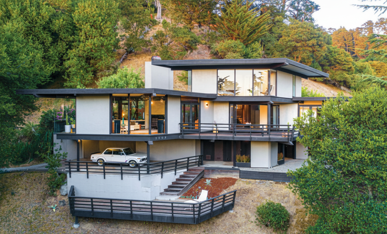 Modern multi-story house on a hillside surrounded by trees, with large glass windows, outdoor balcony, and a vintage white car parked in the driveway.