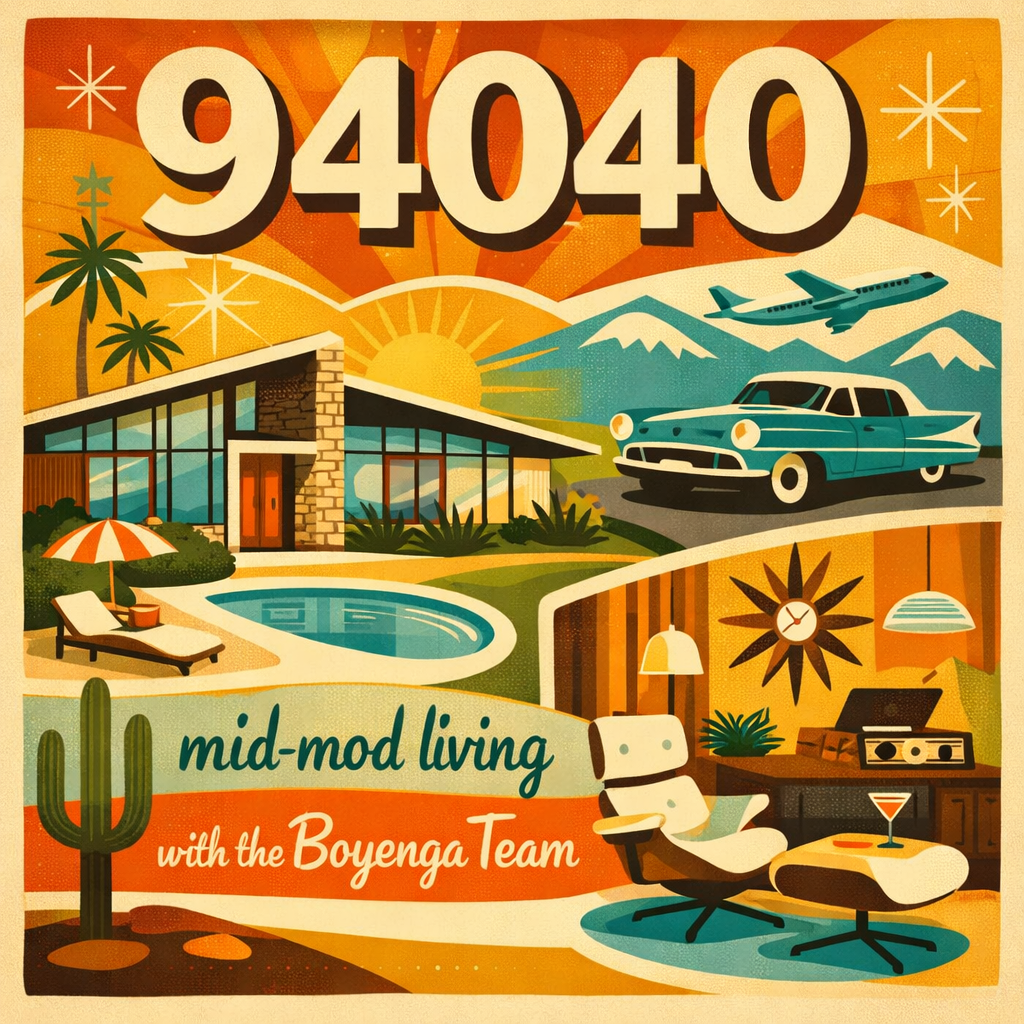 Illustration of a mid-century modern home with a pool, mountain landscape, and vintage cars against an orange sunset sky, featuring the text '94040' and 'mid-mod living with the Boyenga Team'.