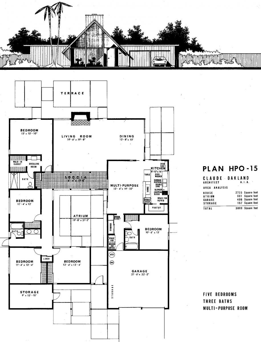 Line drawing of a house plan with labeled rooms, including five bedrooms, three bathrooms, a multi-purpose room, an atrium, storage, garage, kitchen, dining room, living room, and a terrace. The house is designed by architect Claude Oakland.