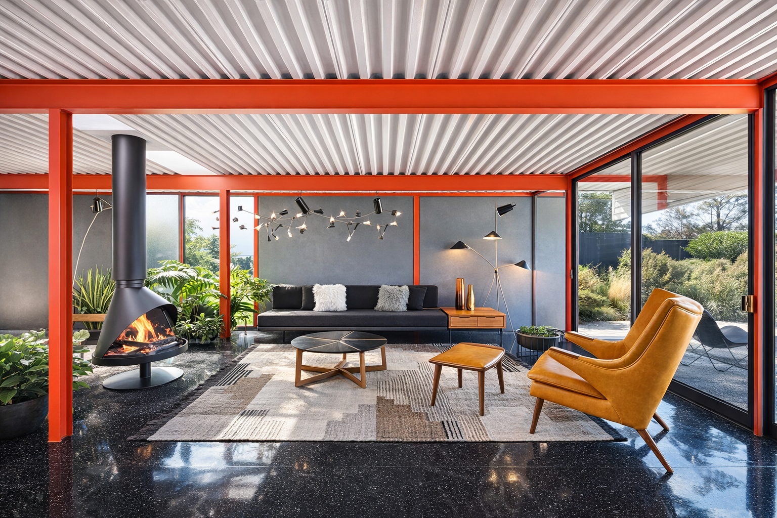 Modern living room with floor-to-ceiling windows, black fireplace, black sofa with pillows, two yellow armchairs, a patterned rug, a coffee table, a wooden side table with vases, plants, and outdoor scenery visible through the windows.