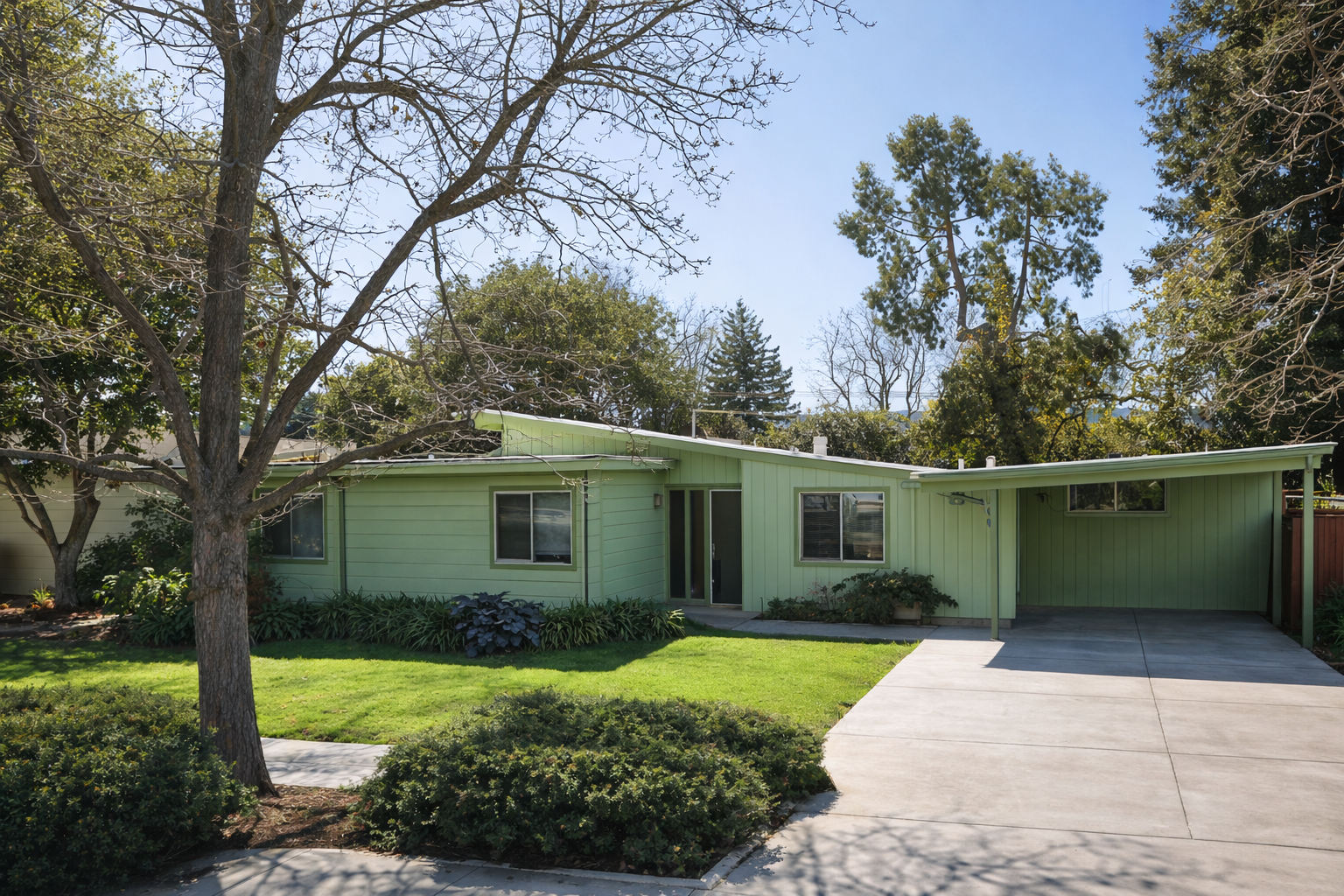 A light green, mid-century modern house with a sloped roof, located in a suburban neighborhood. The front yard has a well-maintained lawn, shrubs, and a large tree with bare branches. A concrete driveway leads to a carport on the right side of the house.