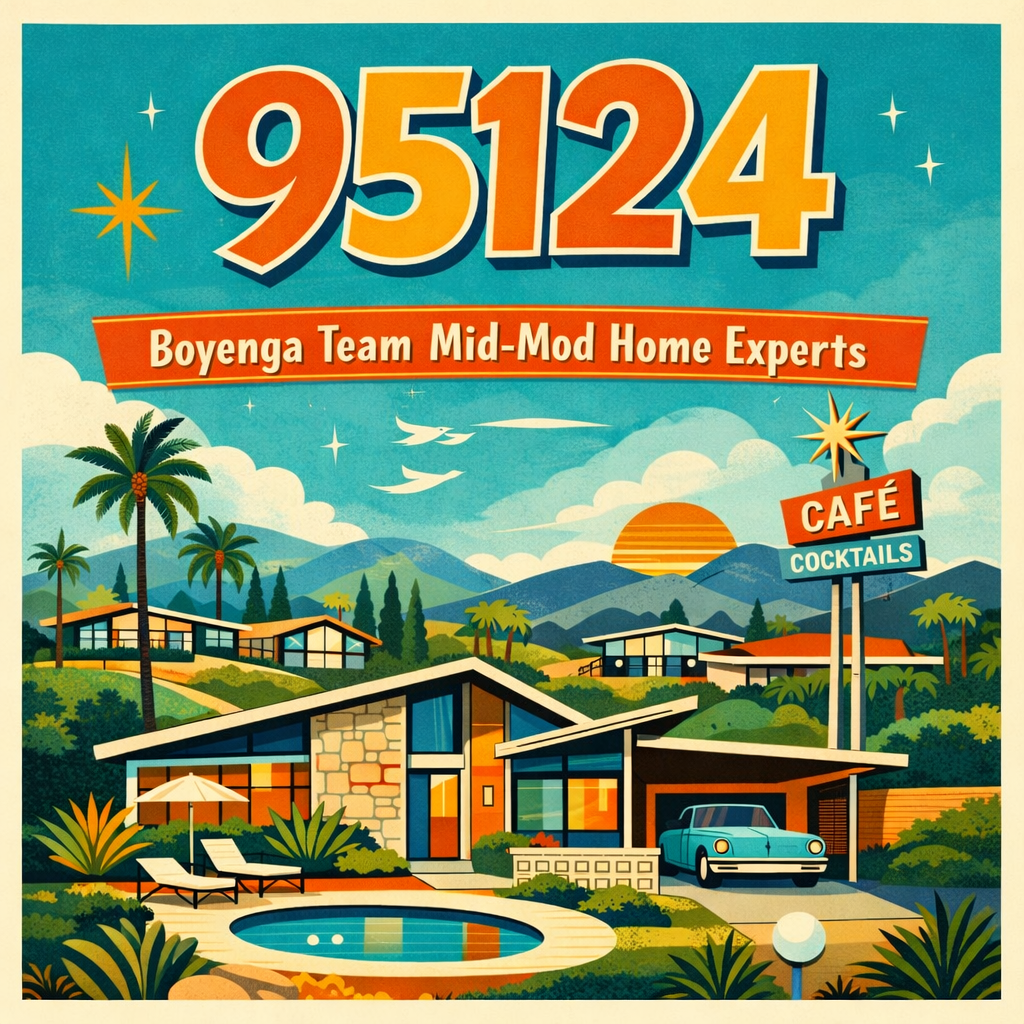 Illustration of a modern house with a swimming pool, surrounded by lush greenery, with sunset mountains in the background and a sign that says 'Café' and 'Cocktails', promoting Boyenga Team Mid-Mod Home Experts.