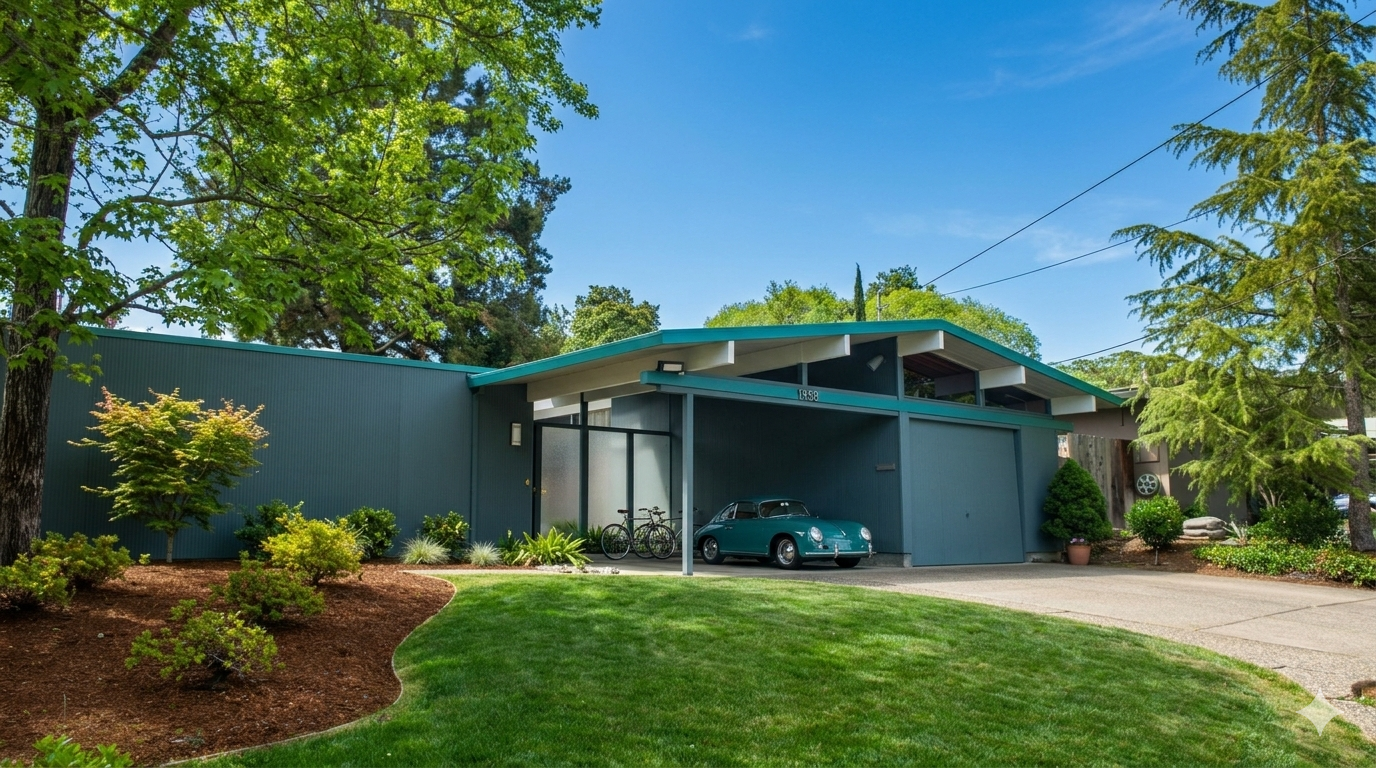 Mid-century modern house with a blue exterior, sloped roof, and a front yard with green grass and landscaping. There is a vintage blue car and two bicycles parked under a carport.