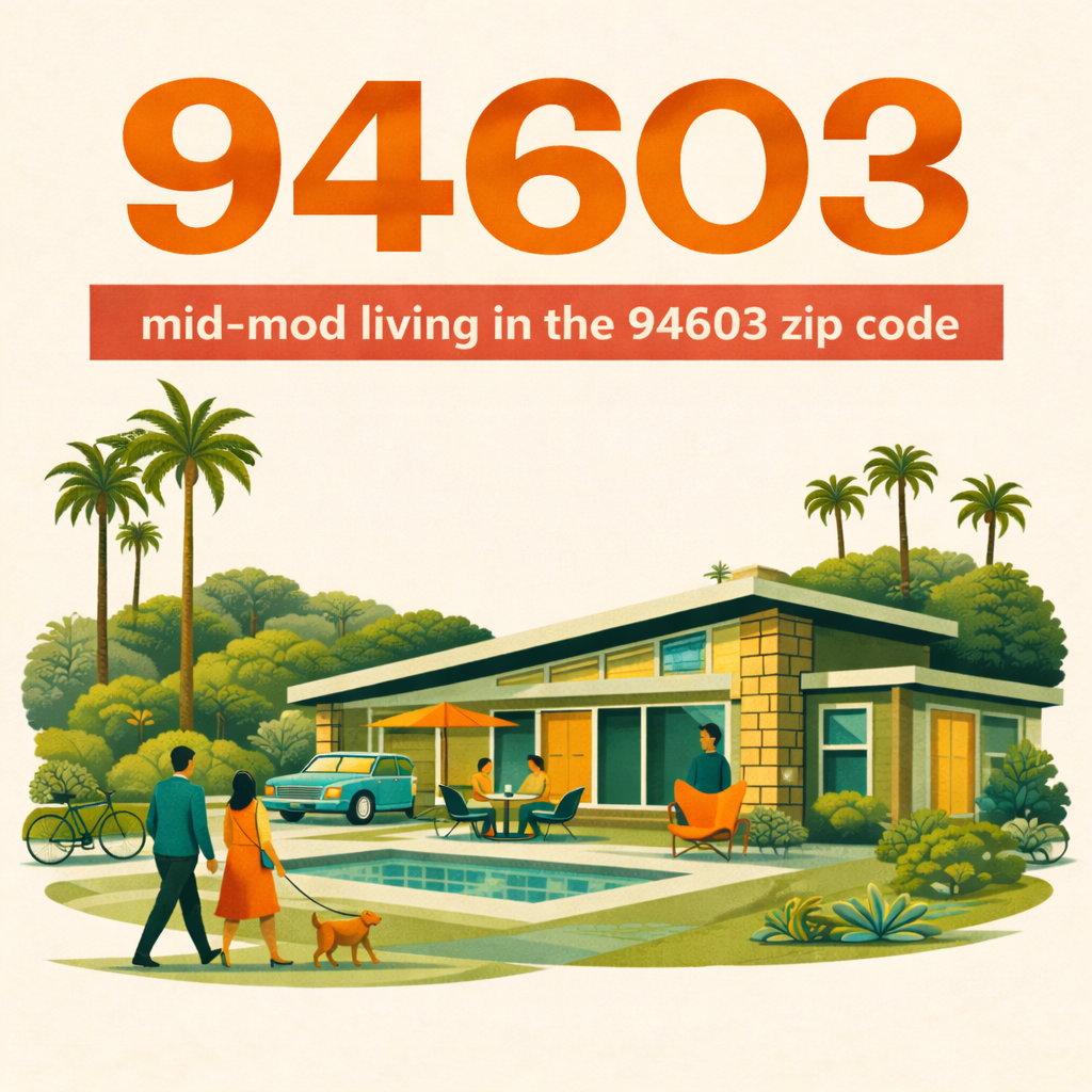 Illustration of a mid-century modern house with palm trees, a swimming pool, outdoor seating, and people walking a dog in a lush yard, representing a residential neighborhood in the 94603 zip code.