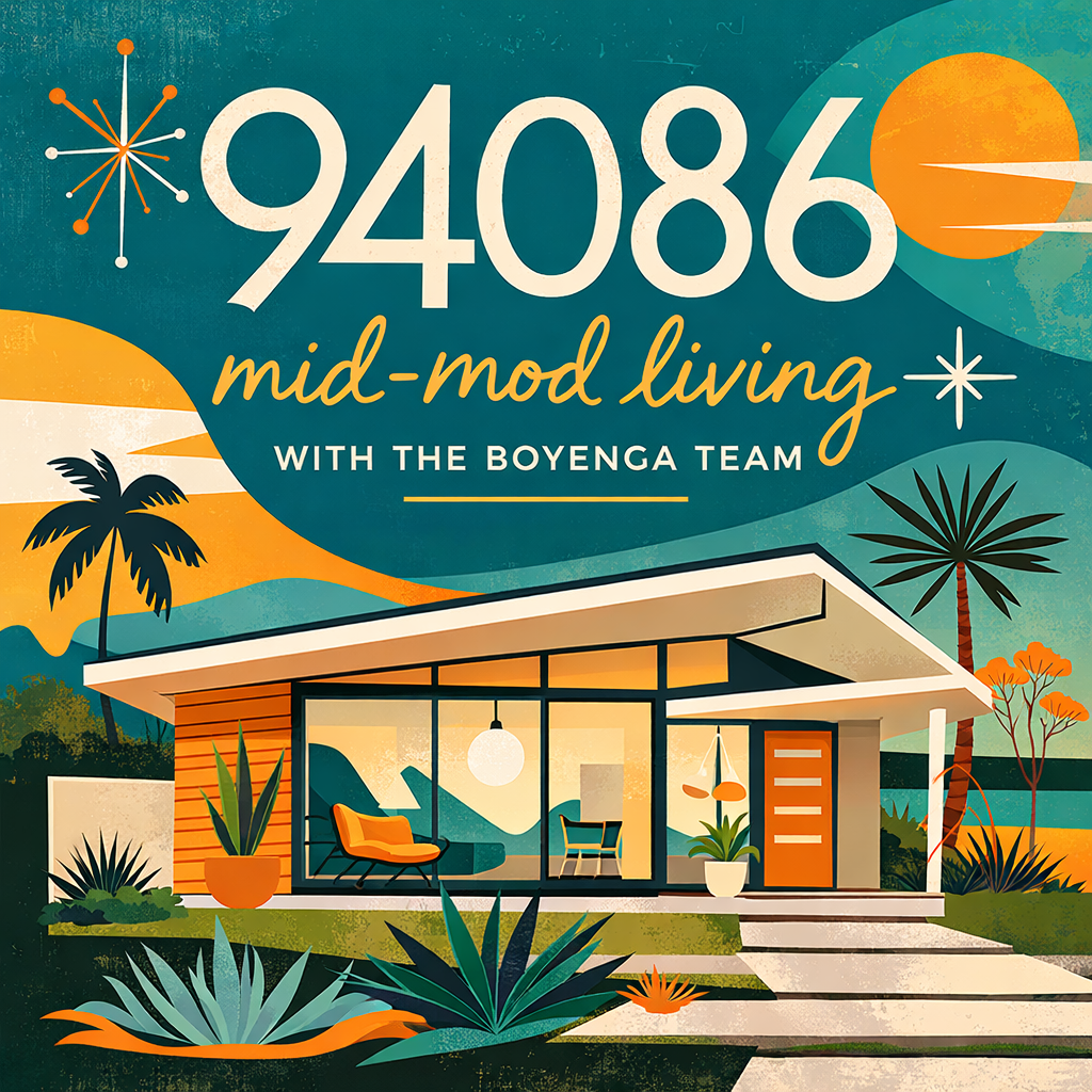 Modern mid-century house with large glass windows, surrounded by tropical plants and palm trees, under a vibrant sunset sky with abstract celestial elements.