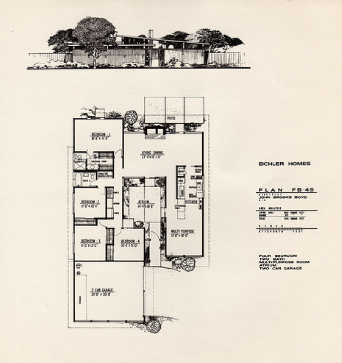 Blueprint drawing of a house with a front elevation view at the top and a detailed floor plan below, illustrating rooms such as bedrooms, kitchen, living room, bathrooms, and a two-car garage.
