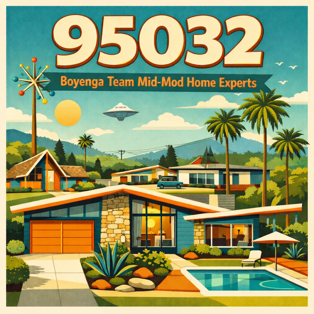 Illustration of a mid-century modern house with a swimming pool, lush landscaping, and a backdrop of palm trees, hills, and a partly cloudy sky with a sun and flying drones. The house features large windows and an orange garage door. The image promotes Boyenga Team Mid-Mod Home Experts.
