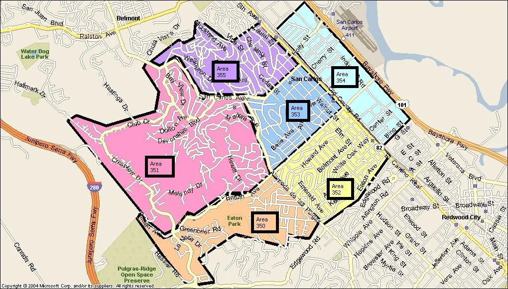 Map of San Carlos with color-coded areas, streets, parks, and landmarks like San Carlos Airport and Eaton Park.