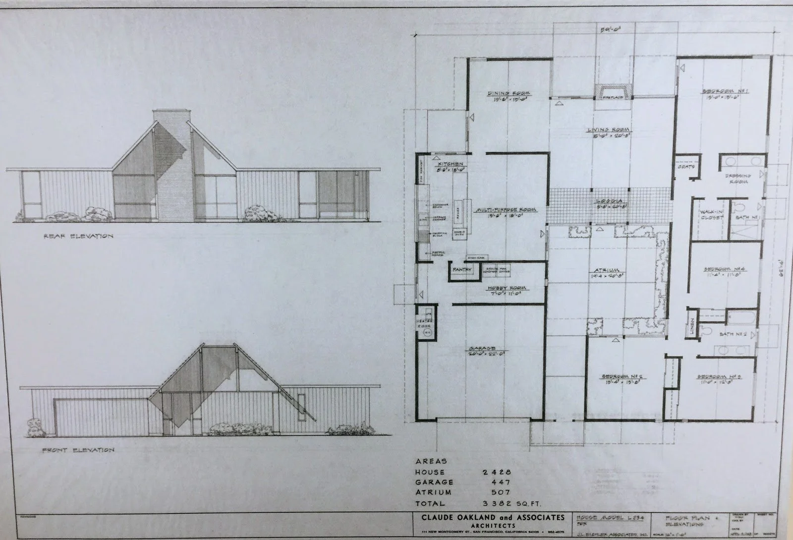 Architectural blueprint of a house, showing rear and front elevation views, with detailed floor plan including rooms such as kitchen, dining room, living room, bedrooms, bathrooms, garage, and utility areas. Dimensions and labels provided for each area.