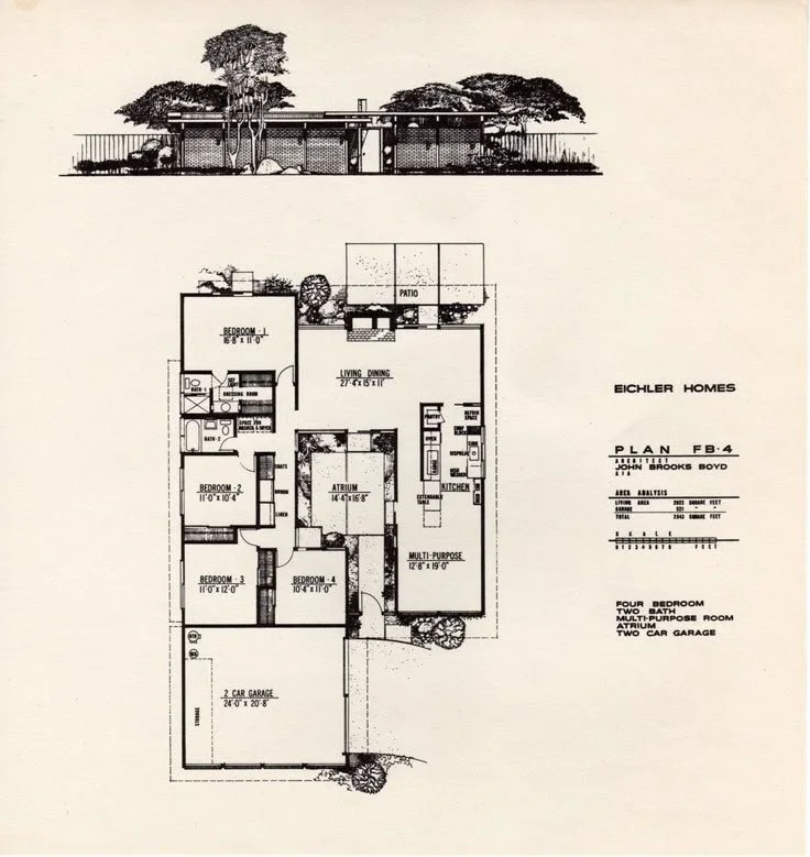Architectural floor plan of a single-story house with four bedrooms, two bathrooms, a living and dining area, kitchen, atrium, multi-purpose room, patio, and a two-car garage.