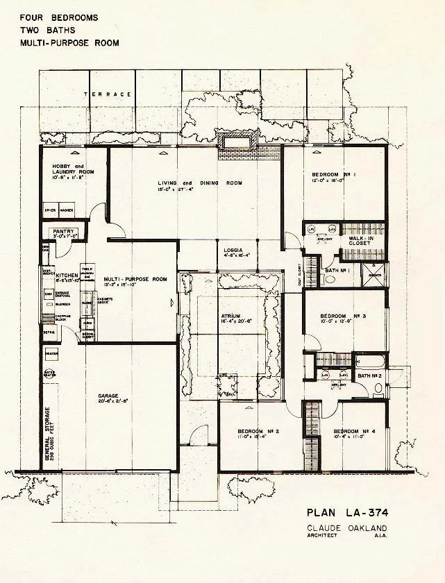 Floor plan of a house with four bedrooms, two baths, multi-purpose room, living and dining room, loggia, atrium, kitchen, pantry, hobby/laundry room, garage, and a terrace.