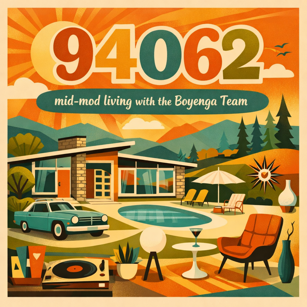 Illustration of a mid-century modern house with a car parked outside, a pool, outdoor seating, a turntable, a plant, and a mountainous landscape with pine trees in the background. The image features a vibrant sunset, clouds, and birds, with the text '94062' and 'mid-mod living with the Boyenga Team' at the top.