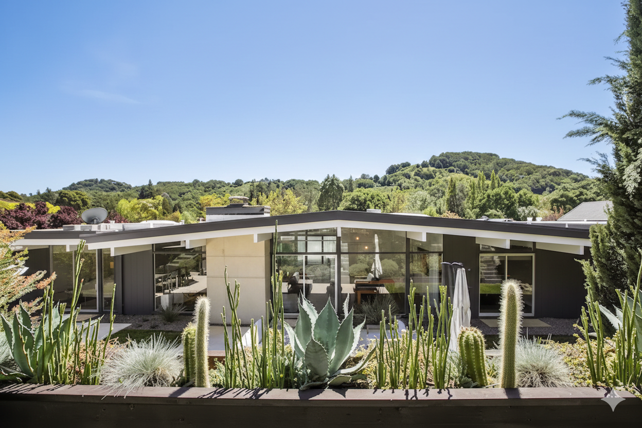 Modern house with large glass windows, surrounded by a garden with cacti and succulents, in a hilly, green landscape under a clear blue sky.