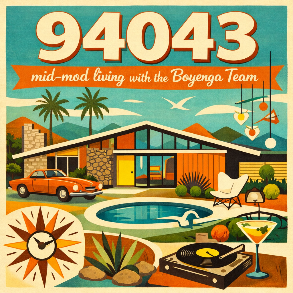 Retro-style illustration of a mid-century modern house with a pool, palm trees, a classic orange car, and decorative elements like a compass, cocktail, record player, and hanging heart-shaped ornaments, with mountains and birds in the background.