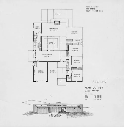 Floor plan of a house with four bedrooms, two bathrooms, multi-purpose room, workshop, living and dining area, kitchen, garage, and carport, along with a front elevation drawing.