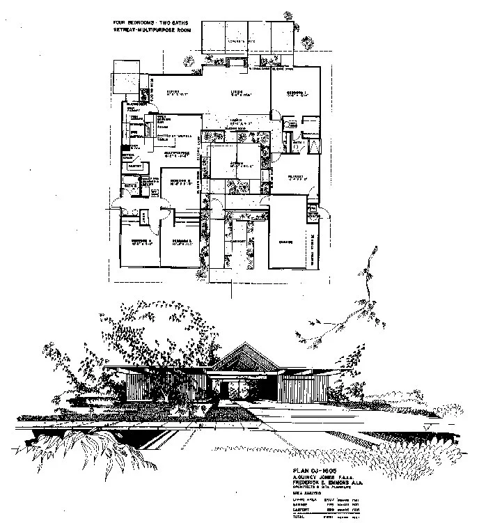 Black and white architectural floor plan of a house showing multiple rooms and layout, with a front elevation drawing of the house exterior below the plan.
