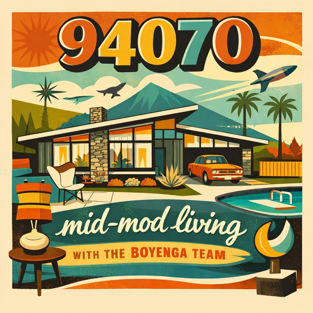 Colorful retro-style illustration of a mid-century modern house with an orange car parked in the driveway, a swimming pool, and palm trees. The scene includes a sunset, mountains, birds, and jets in the sky. The text reads '94070 mid-mod living with the Boyenga Team'.