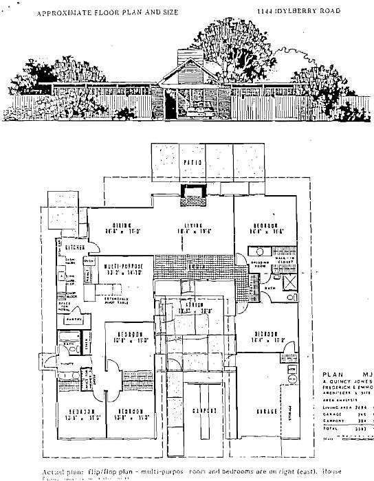 Black and white architectural floor plan of a house with labeled rooms, closets, bathrooms, and outdoor patio area, along with an elevation drawing of the house's front exterior with trees.