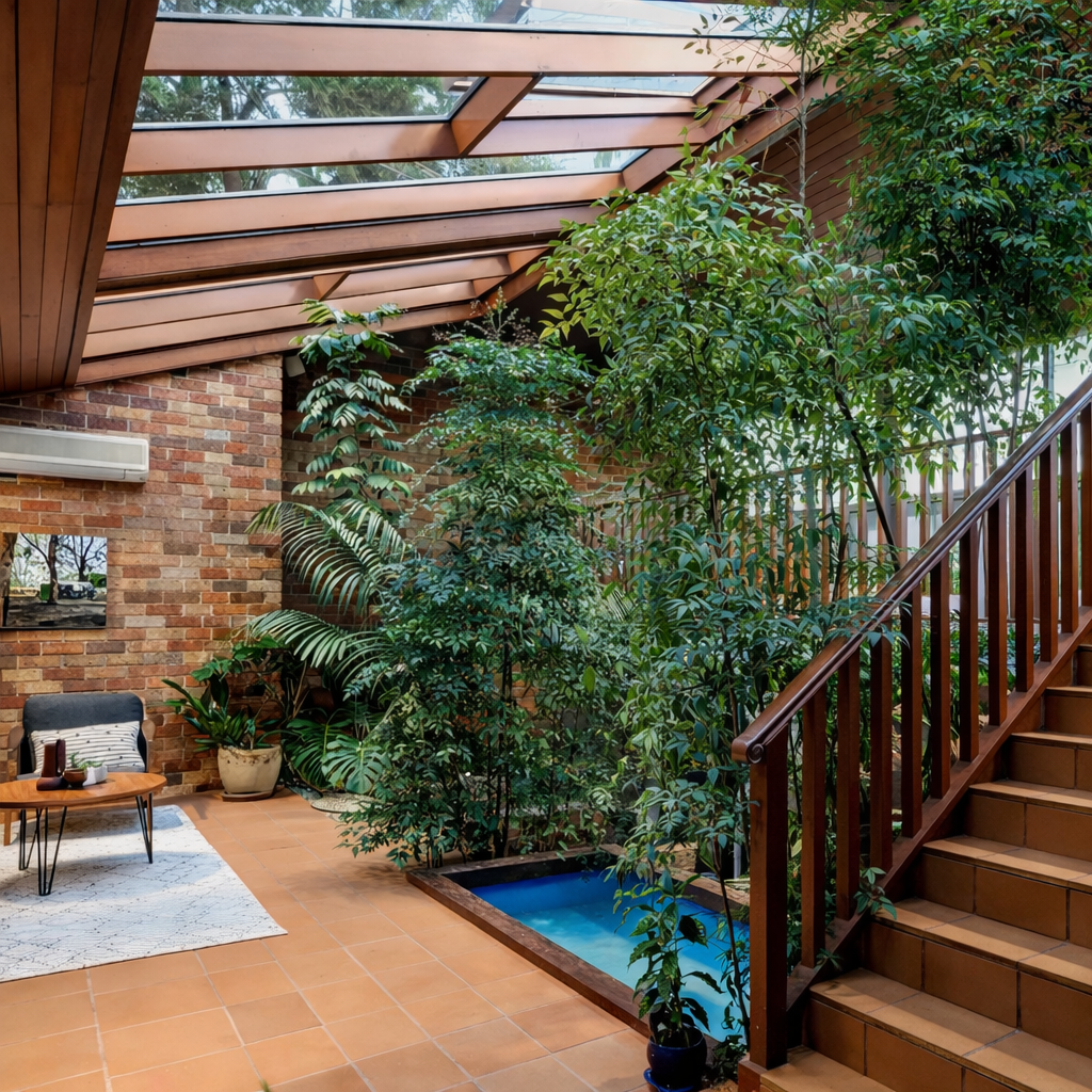 Indoor garden area with large green plants, brick wall, wooden staircase, glass ceiling, and a small pool or water feature.