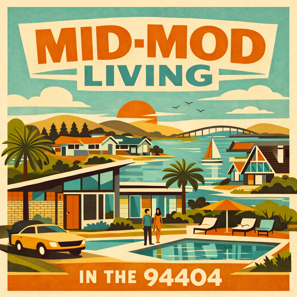 A colorful vintage-style illustration of a lakeside community with houses, palm trees, a bridge, and a sunset. The scene includes a swimming pool, a couple standing by the pool, and a boat on the water. The text reads "Mid-Mod Living in the 94404."