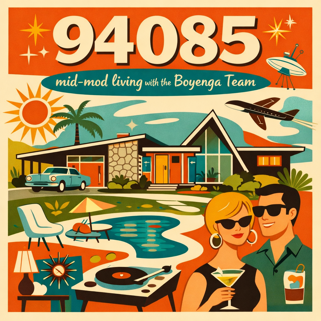 Colorful illustration of a mid-century modern house with a car parked in the driveway, a pool with a lounge chair and umbrella nearby, a man and woman wearing sunglasses holding drinks, a vinyl record player, and an alien spaceship and airplane flying in the sky. The image features the text '94085' and 'mid-mod living with the Boyenga Team'.