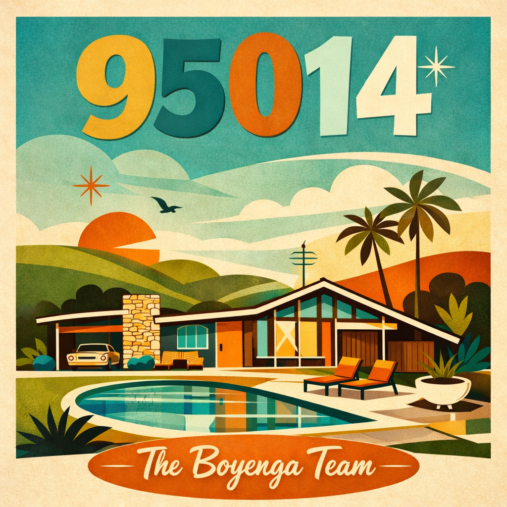 Illustration of a modern house with a swimming pool, surrounded by palm trees and hills, with a sunset in the background and the text '95014' at the top and 'The Boyenga Team' at the bottom.