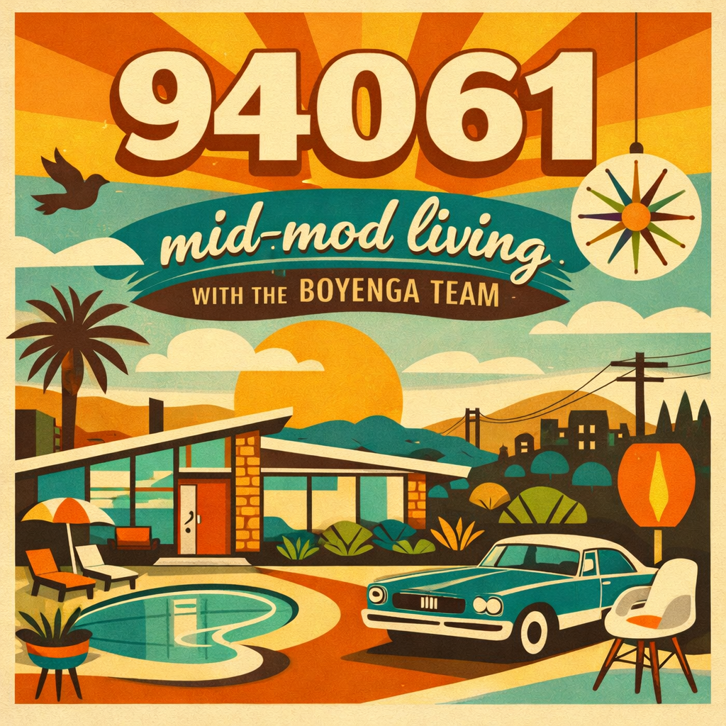 Colorful illustration promoting mid-century modern living with the Boyenga team, featuring a house with a swimming pool, a vintage car, a palm tree, a sunset, and outdoor furniture.