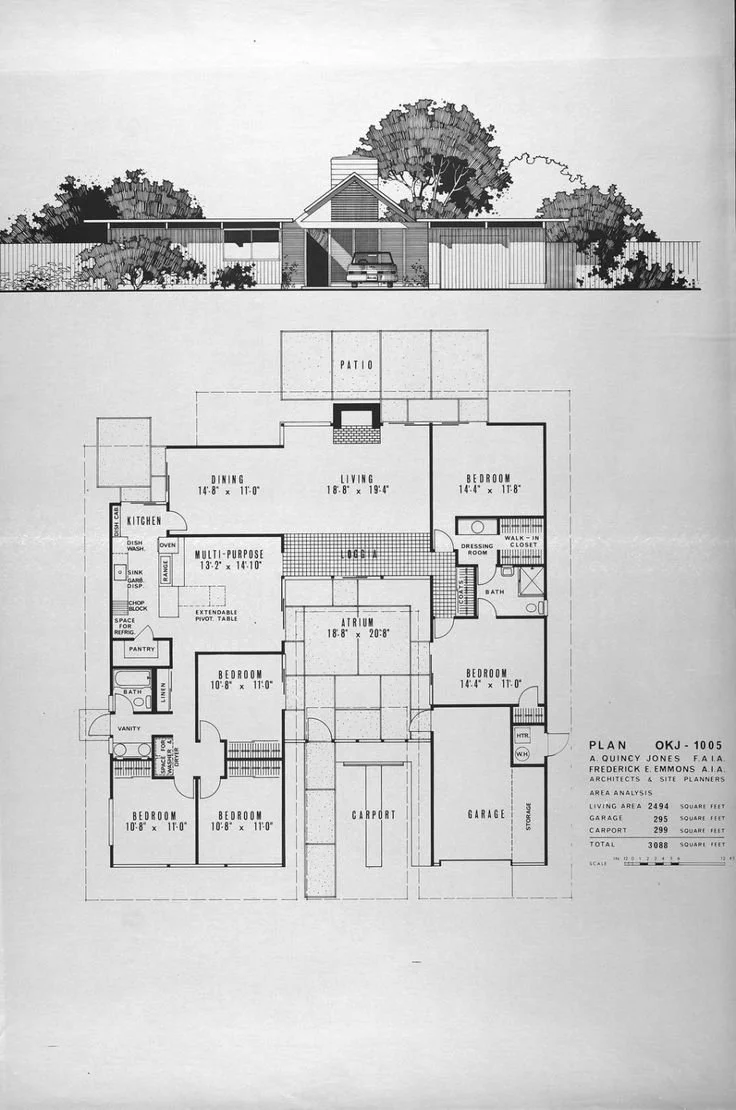 Architectural blueprint of a single-story house showing front elevation and floor plan with multiple bedrooms, living room, dining area, kitchen, multi-purpose room, bathroom, laundry, walk-in closet, dressing room, patio, carport, and garage.