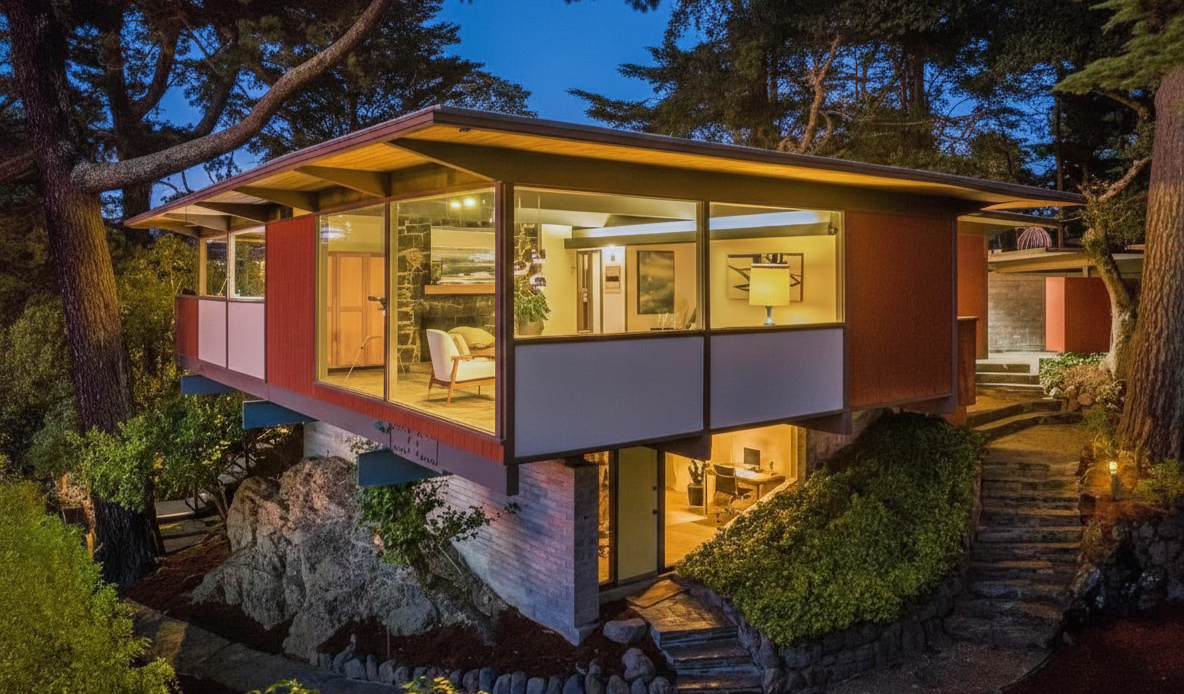 A modern house on a hillside surrounded by trees with large glass windows illuminated at dusk