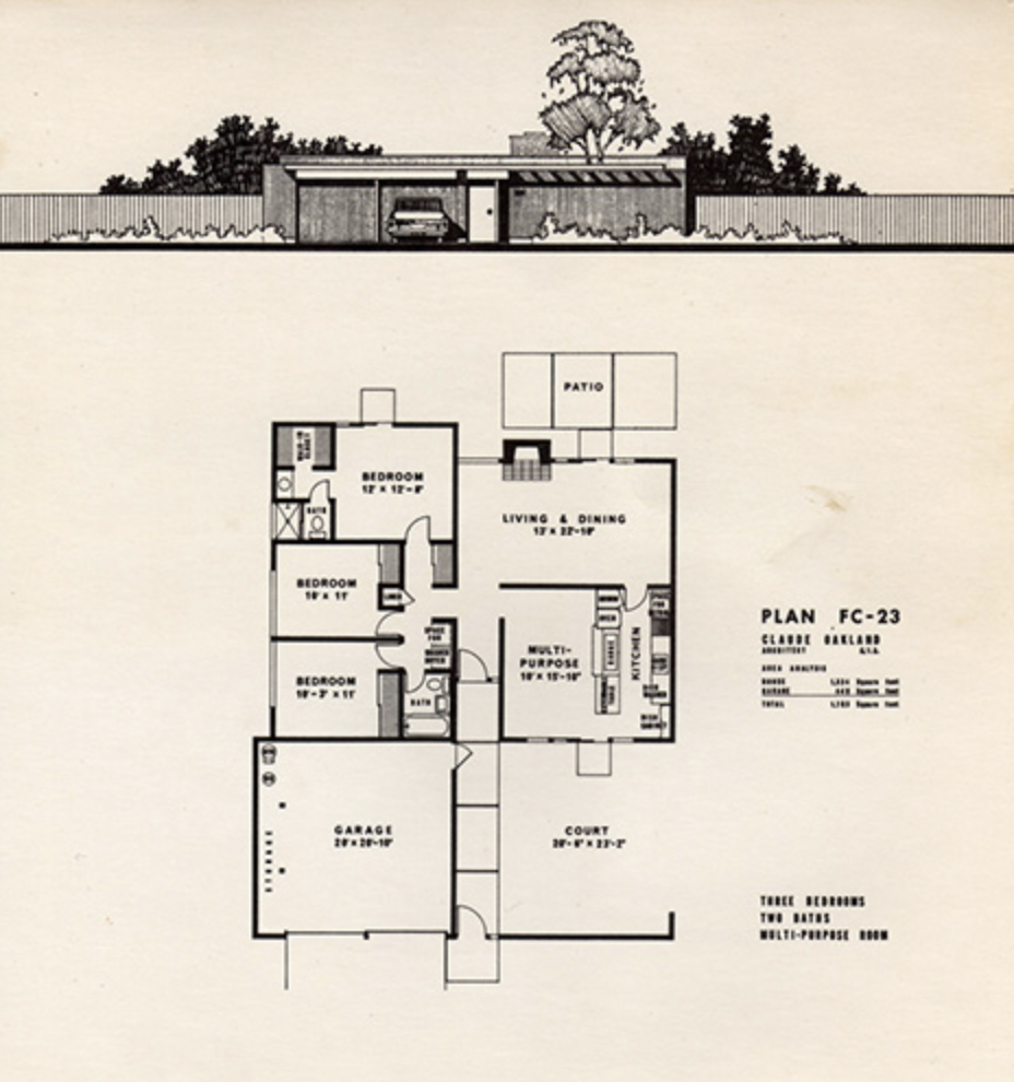 Floor plan of a single-story house with three bedrooms, a garage, living and dining area, kitchen, patio, and courtyard.