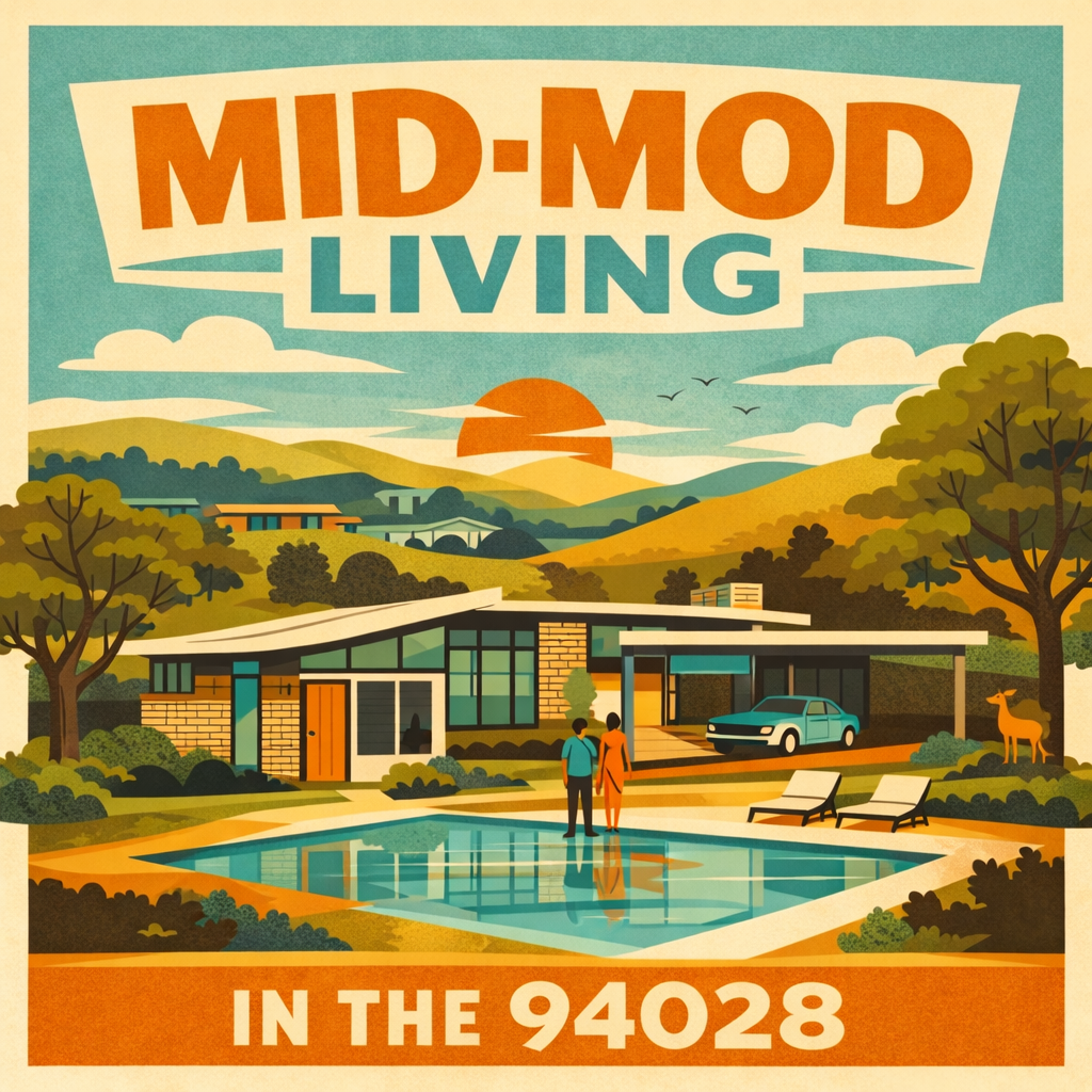 A mid-century modern house with a swimming pool in the foreground, two people holding hands, and a sunset behind rolling hills and trees. There are lounge chairs and a deer near the house.