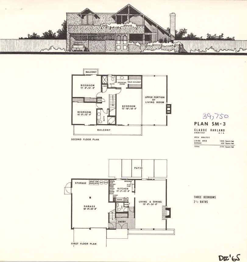 Architectural drawing of a two-story house with floor plans. The first floor includes a garage, storage, kitchen, living and dining area, and entryway. The second floor features three bedrooms, two bathrooms, and balconies with one bedroom having access to a balcony. The house has multiple balconies and a patio, with an exterior elevation showing a large house with a garage, car, chimney, and landscaping.