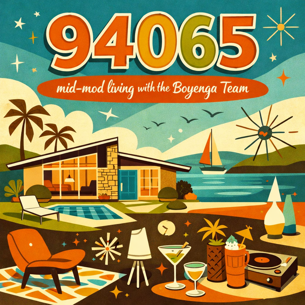 Colorful illustration of a tropical scene featuring a mid-century modern house with large windows, palm trees, a swimming pool, lounge chair, drinks, turntable, and a sunset over water with sailboats and fireworks.