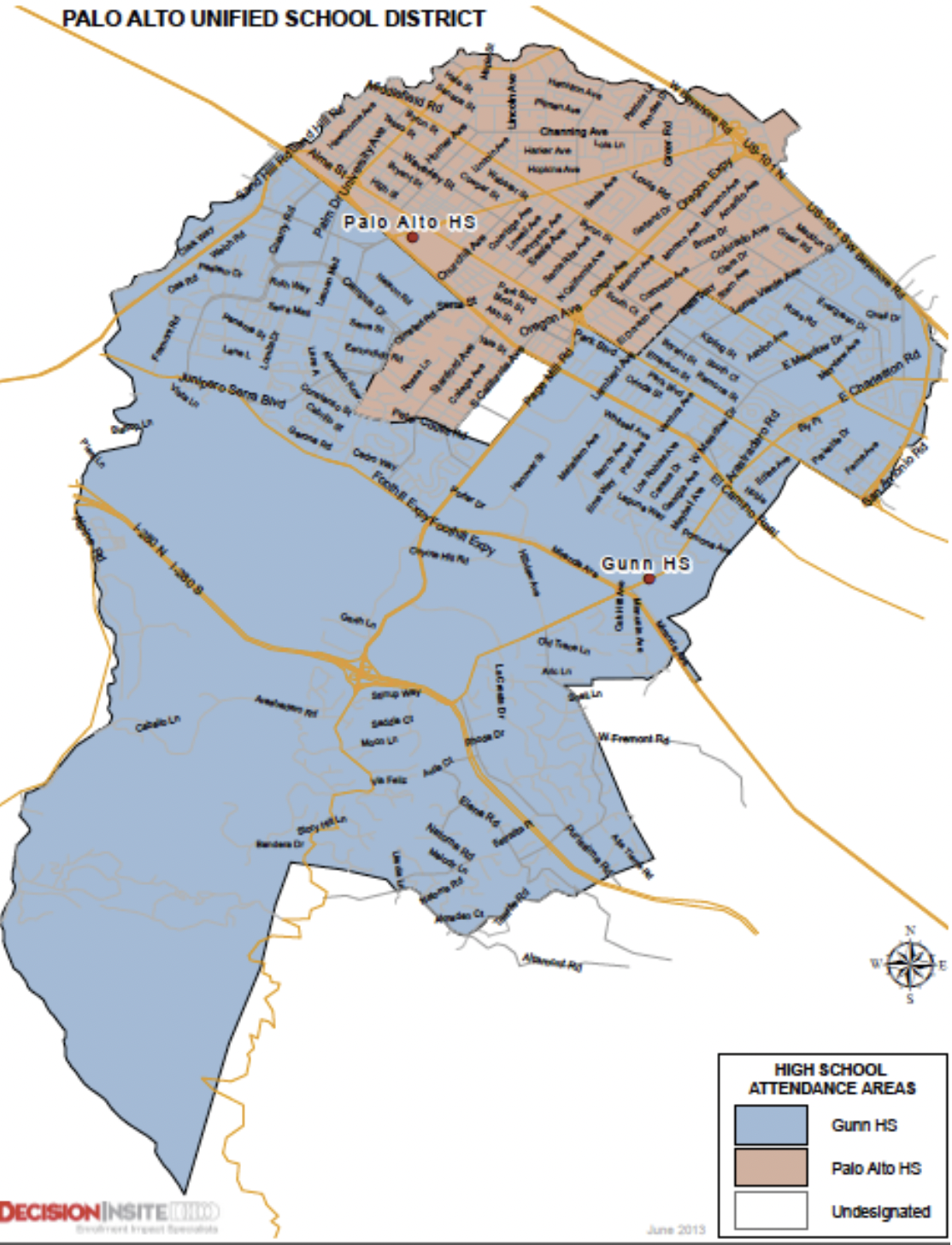 Map of Palo Alto Unified School District showing high school attendance areas for Gunn High School and Palo Alto High School, with colored regions and street names.