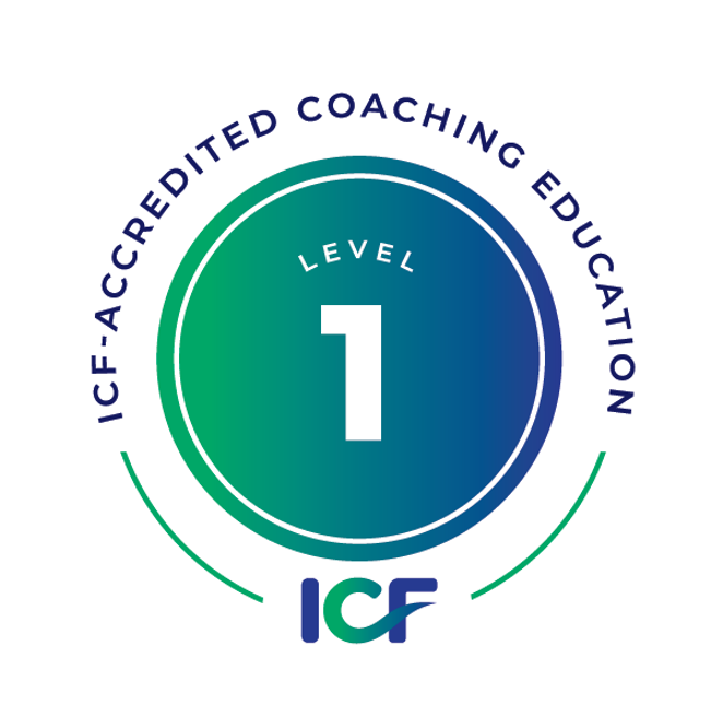 Certification badge with circular design, reading 'ICF-Accredited Coaching Education', 'Level 1', and 'ICF' at the bottom.