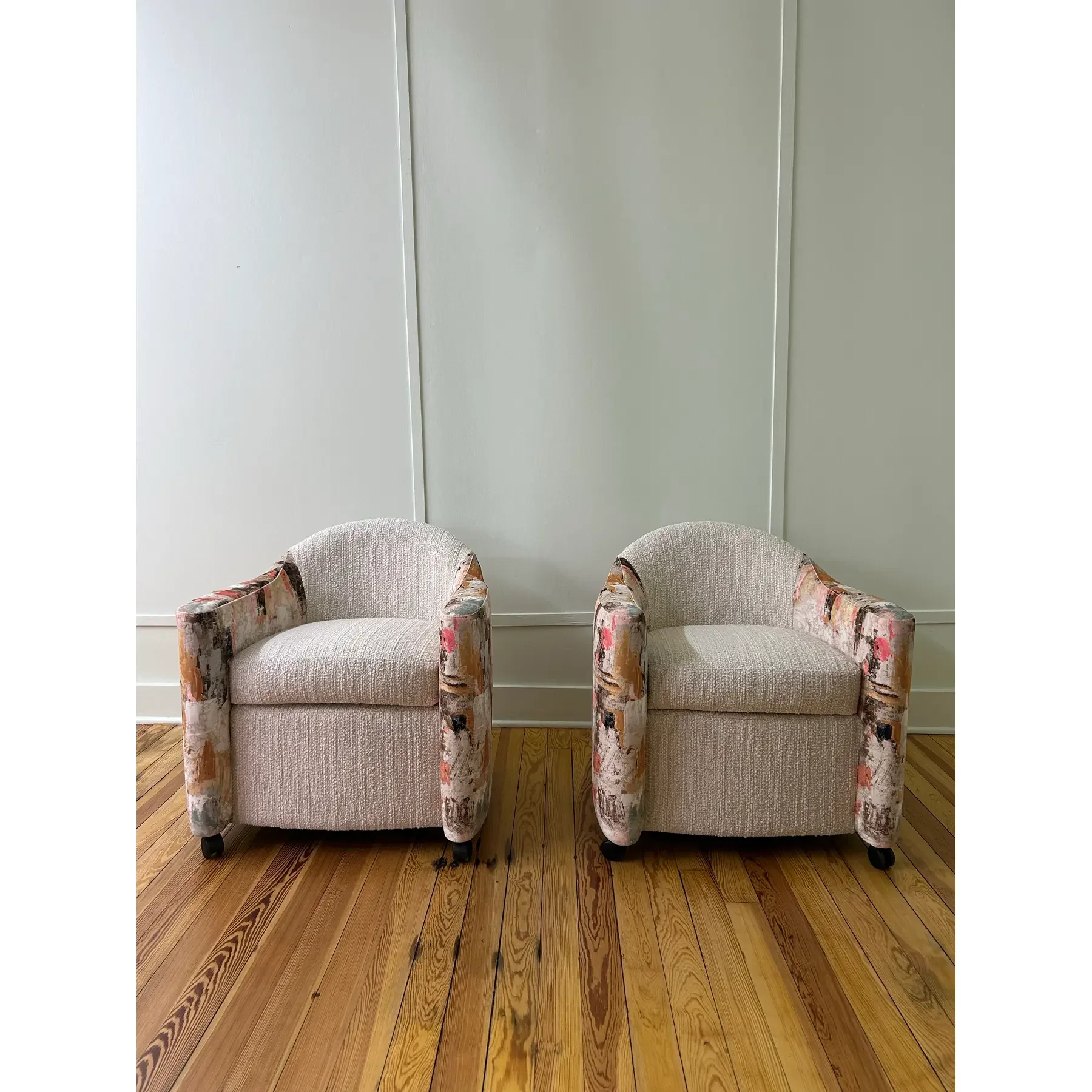 Pair of 1990s Brueton Swivel Chairs, Newly Upholstered in Kravet Chenille & Fabricut Printed Velvet