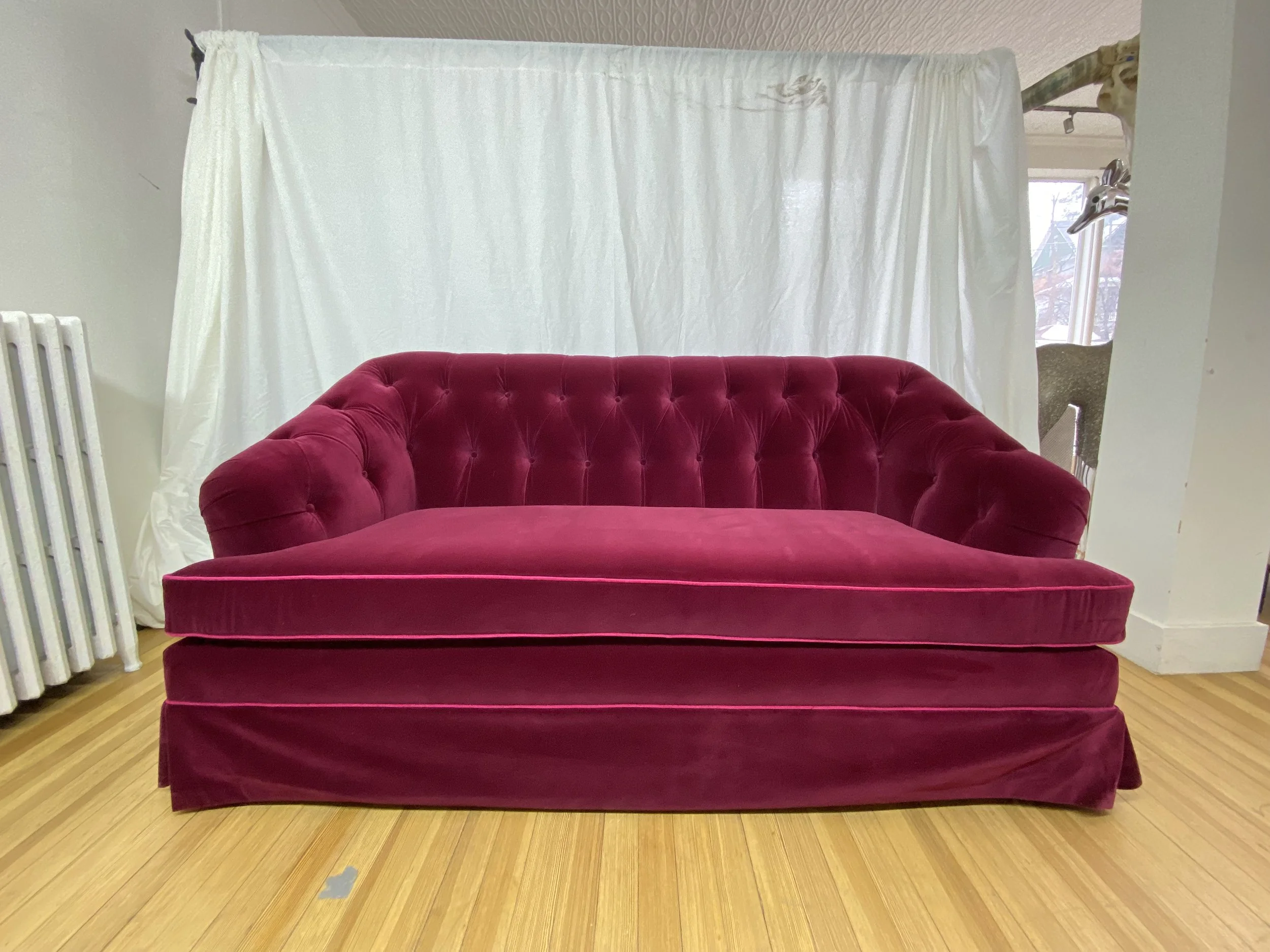 Late 20th Century Newly Upholstered Tufted Salon Sofa in Burgundy Velvet